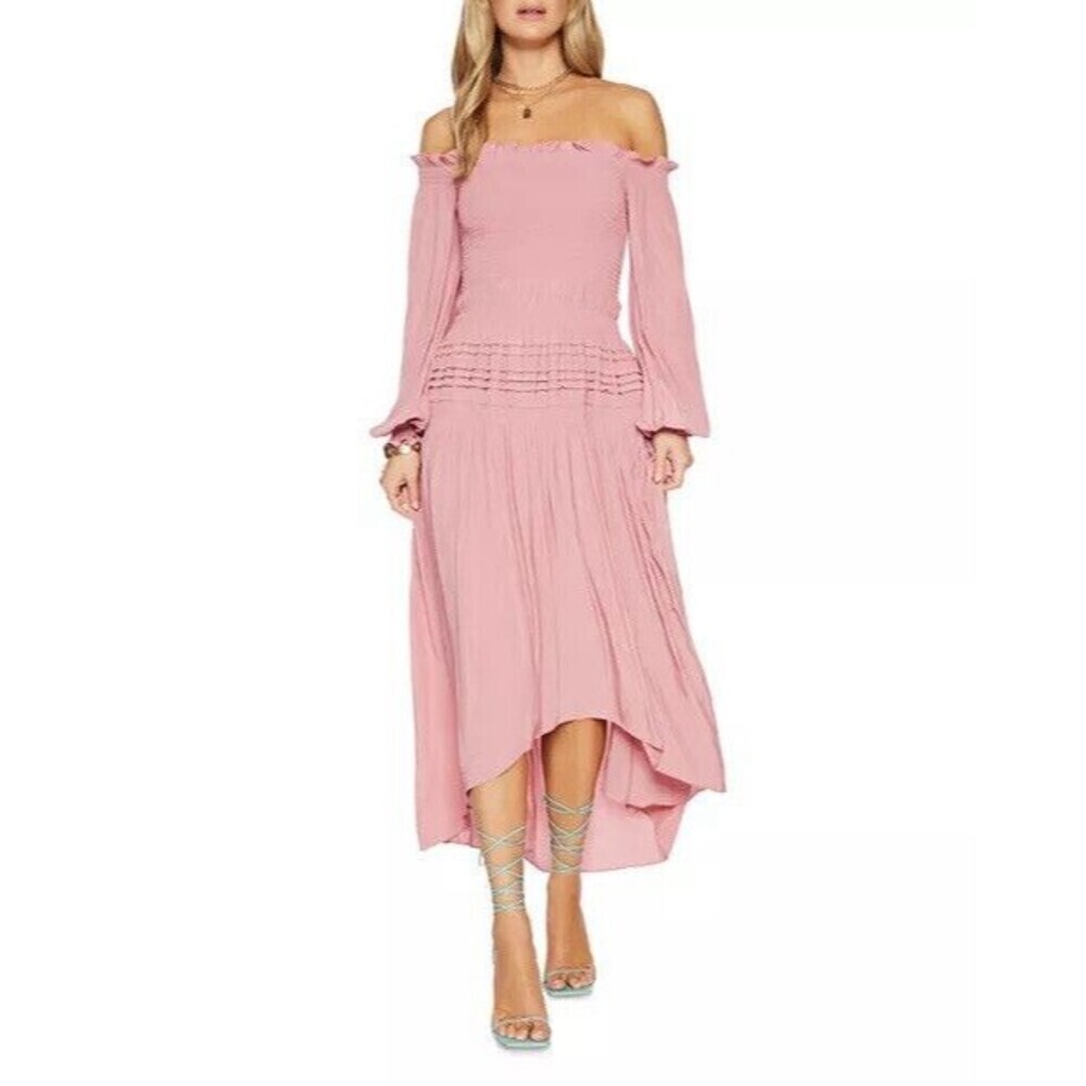 NWT Ramy Brook Anita Pink Smocked Off Shoulder Midi Dress Size Small